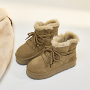 冬季雪地靴女皮毛一体短筒系带羊毛牛皮短靴加绒保暖2024棉鞋