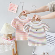 童装婴儿衣服夏装女童条纹短袖T恤纯棉女宝宝上衣儿童泡泡袖体恤