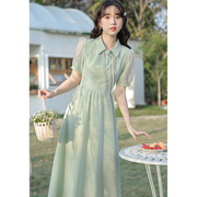薄荷曼波风穿搭绿色，连衣裙女夏季高级感新中式国风小个子仙女裙子