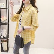 棉布薄款格子衬衫，女长袖2023夏季韩版宽松衬衣黄色防晒衣外套