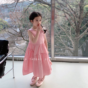 韩版女童裙子夏季新品儿童洋气y纯色公主裙宝宝时髦连衣裙气质长