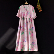 中国风夏季复古中式印花苎麻短袖连衣裙宽松高端气质减龄旗袍长裙