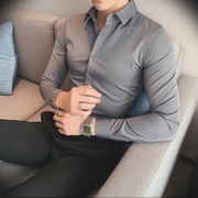 纯色长袖衬衫男弹力内搭寸衫韩版修身免烫商务深灰色质感打底衬衣