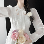 2022秋季女装领口蝴蝶结系带，小众高腰长袖，公主裙白色蓬蓬裙连衣裙