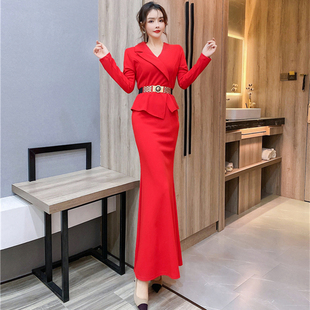 红色连衣裙女时尚洋气v领长袖修身假两件鱼尾，裙名媛气质礼服长裙