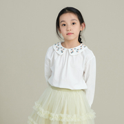 春秋女童白衬衫刺绣纯棉长袖，白色翻领套头上衣女孩衬衣童装