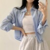 韩国chic春季简约纯色条纹肌理，长袖衬衫女设计感宽松防晒衬衣外套