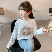 女童新中式t恤春装2024春秋，款童装汉服儿童，小女孩长袖上衣潮