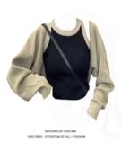 大码胖妹妹慵懒风复古短款针织罩衫+设计感撞色吊带背心两件套女