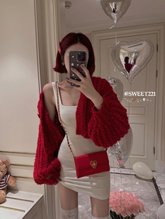 sweet221灯笼袖短款针织开衫，外套女圣诞，红色宽松外穿毛衣秋冬