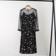 夏季韩版时尚甜美印花吊带裙+波点网纱7分袖连衣裙套装12545