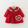 1-3岁女童加绒连衣裙秋冬装，2婴儿娃娃领公主裙，一周岁宝宝红色裙子