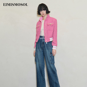 eimismosol玫红小香风夹克外套，蓝色复古工装口袋牛仔裤套装23fw