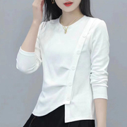 不规则修身长袖T恤女2024春装韩版显瘦褶皱小众时尚打底衫潮