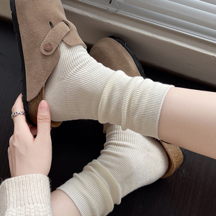 秋冬款棉质短袜竖条纹甜美米，白色小腿袜，咖啡色堆堆袜灰色中筒袜子