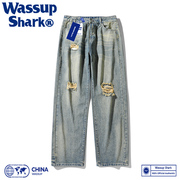 Wassup Shark美式破洞牛仔裤男士夏季宽松直筒阔腿高街休闲长裤子