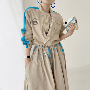 韩国chic秋季个性字母，印花撞色短外套，+高腰口袋大摆型半身裙套装