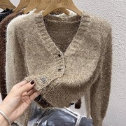 复古V领针织开衫女冬季加厚外穿设计感小众洋气时尚毛衣外套上衣