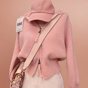 短款粉色针织开衫外套上衣女2023秋冬韩版小个子休闲毛衣外穿