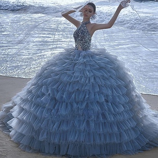 影楼主题服装海边外景情侣，写真拍照旅拍礼服，蓝色蛋糕裙小拖尾婚纱