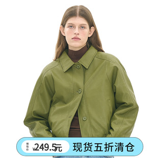 韩国partimento2023秋季女装，休闲纯素皮革束腰夹克外套