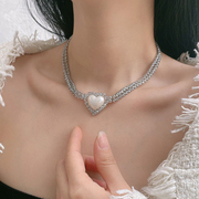 轻奢气质闪钻锆石爱心珍珠项链女短款设计感高级多层锁骨链颈链潮