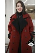 红色呢子大衣女长款2023秋冬韩系高级感宽松加厚毛呢外套