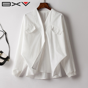BXV纯棉蝙蝠袖衬衫女2023秋季设计感法式宽松V领衬衣小众轻熟感潮