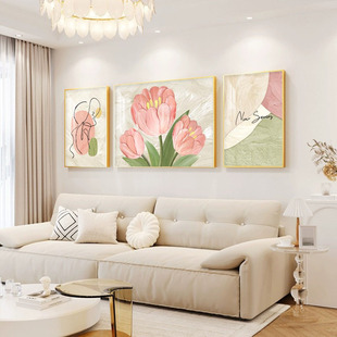 奶油风客厅装饰画高级感沙发，背景墙挂画现代简约三联轻奢卧室壁画