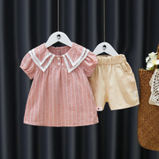 婴幼儿夏装女宝宝短袖，格子儿童两件套女童夏装，休闲短裤小童套装潮