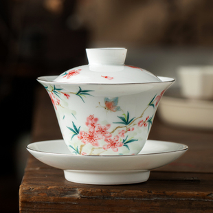 陶瓷手绘逸雅三才盖碗大号茶杯，单个高档茶具，不烫手带盖定制泡茶碗