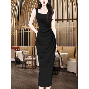 高端质感气质黑色礼服吊带连衣裙2024女装夏季修身OL背心长裙