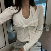 白色假两件挂脖长袖T恤秋装女修身打底衫扭结吊带上衣设计感小众
