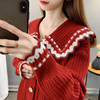 新年红色毛衣女(毛衣女)娃娃，领拼色针织开衫2023甜美可爱风外套ins潮
