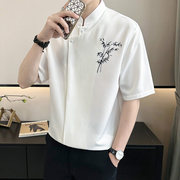 假两件短袖衬衫男夏季潮牌冰丝体恤衫2024新中式男装立领衬衣