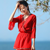 沙滩连体短裤时尚套装2023年夏季红色度假波西米亚连衣阔腿裤女装