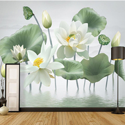 新中式白色莲花电视背景，墙布5d水墨荷花沙发，墙纸整张粉色荷花壁画