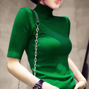 春秋修身高领中袖针织衫女薄款2023短袖内搭打底衫绿色上衣薄