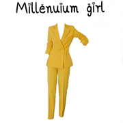 秋季柠檬黄色职业装时尚中长西装喇叭裤套装两件套国际