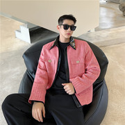 韩国小香风毛呢短款夹克，男小众撞色拼皮设计感时髦高级感网红外套