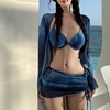 欧美辣妹纯欲风性感，蓝色显白比基尼四件套高级感钢托聚拢度假泳衣