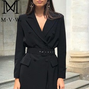 M·V·W2023秋季 时尚气质双排扣系带收腰中长款西装连衣裙女