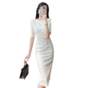 名媛夏季五分袖女装气质温柔风白色连衣裙知性OL显瘦收腰裙子