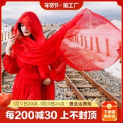 2024大红色舞蹈围巾丝巾女纱巾，百搭披肩妈妈冬季两用镂空国风