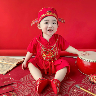 男宝宝一周岁宴礼服红色短袖婴儿，唐装套装男童中国风抓周衣服夏季