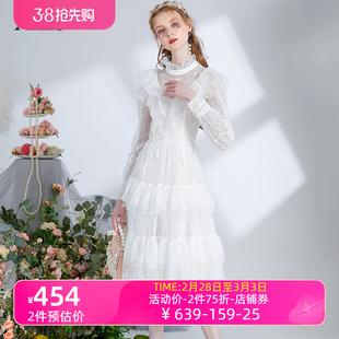 艾丽丝2023冬季仙气白色，透视连衣裙蕾丝，优雅立领中长款公主裙