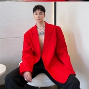 2023春装定制款红色西装外套男时尚复古风潮，牌休闲小西装上衣
