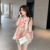 byyou夏季无袖立领碎花，珠光雪纺衫女宽松显瘦设计感绑带上衣
