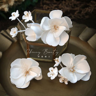 法式手工高级感白色花朵发夹，套装新娘头饰婚礼跟妆造型仙气配饰品