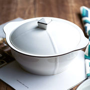 家用汤盆带盖双耳陶瓷黑线餐具，创意个性北欧大号喝汤碗品锅盛汤锅